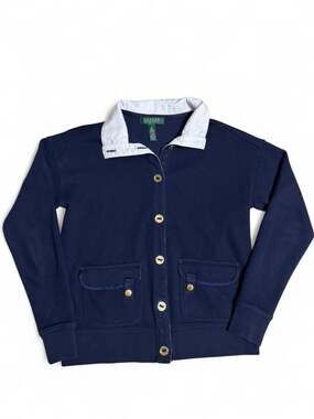 Lauren Ralph Lauren Women's Petite Navy Blue Button Up Cardigan with White Colla